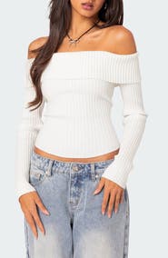 EDIKTED Lauren Foldover Off the Shoulder Rib Sweater