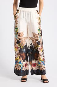 T Tahari Tropical Print Side Border Wide Leg Pants