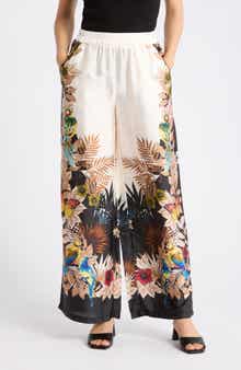 Tropical Print Side Border Wide Leg Pants