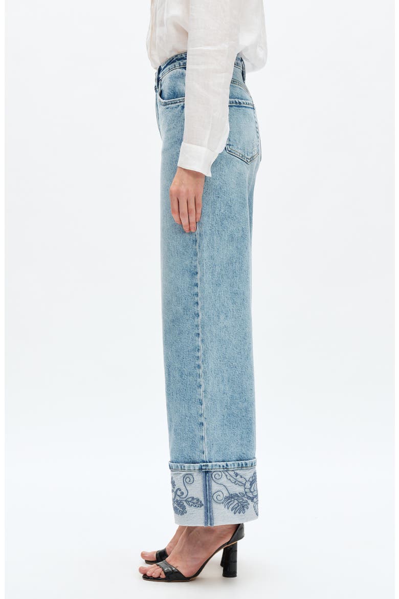 Flora Embroidered High Waist Cuffed Wide Leg Jeans, Alternate, color, LIGHT BLUE