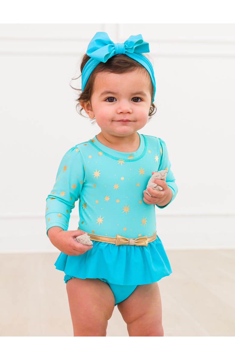 RuffleButts Baby Girls UPF50+ Princess Long Sleeve Bow Skirted One Piece Swimsuit, Alternate, color, Teal Golden Princess