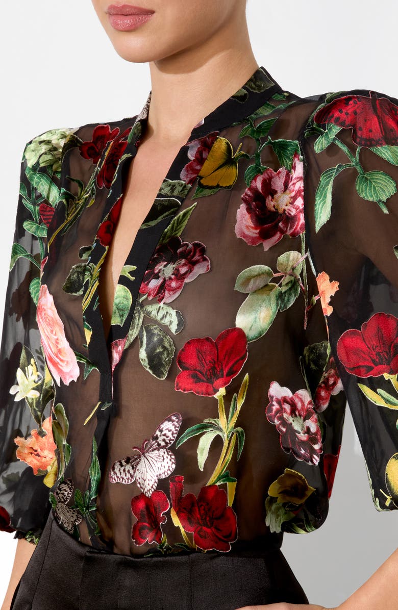 Alice + Olivia Sheila Floral & Butterfly Appliqué Chiffon Top, Alternate, color,