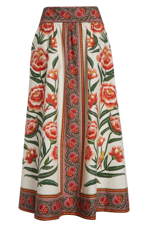 Farm Rio Pleated Floral-print Cotton-poplin Midi Skirt In Ainika Delicate Off-white
