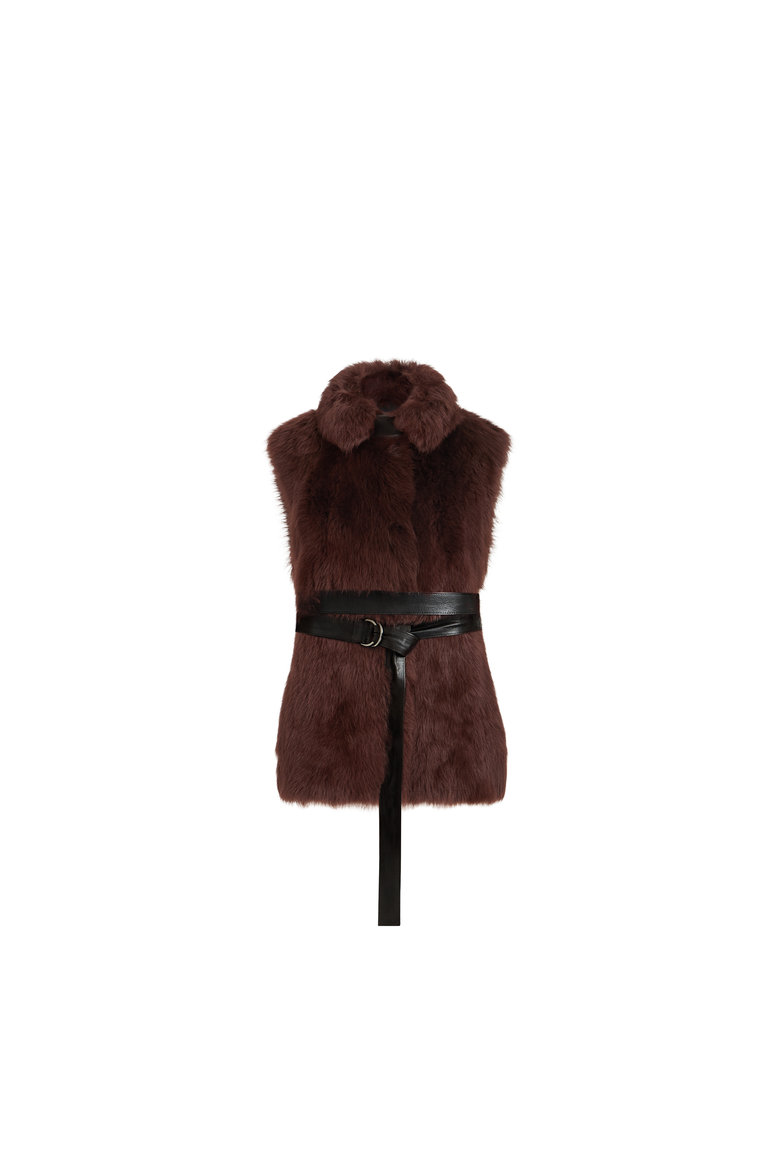 Lux shearling vest with nappa leather belt and monili, Alternate, color, Burgundy