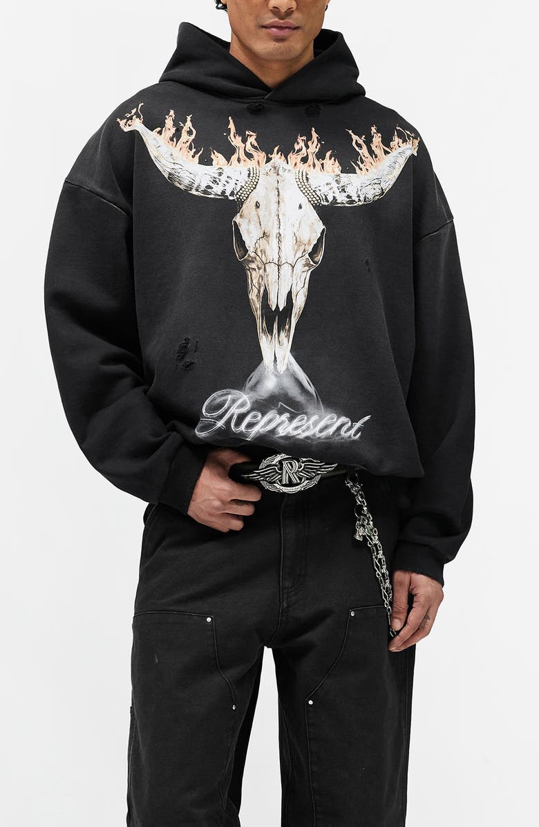 Represent British Cowboys Cotton Graphic Hoodie, Main, color, Stained Black