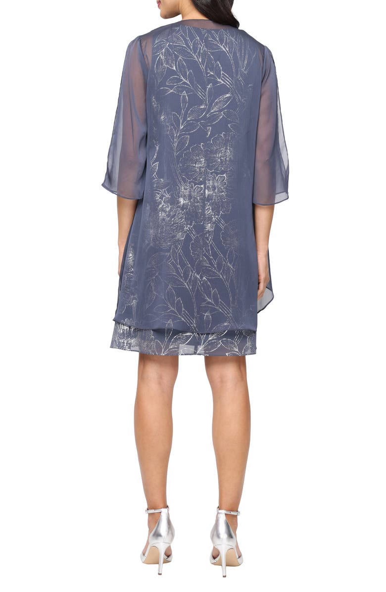 SL FASHIONS Metalllic Floral Cocktail Shift Dress with Cascade Jacket, Alternate, color, Steel