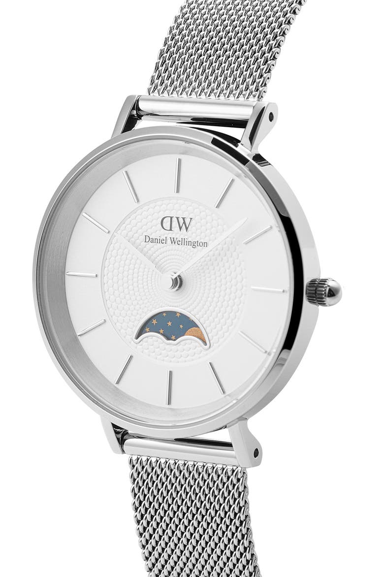 Petite Moonphase Mesh Strap Watch, 32mm, Alternate, color, SILVER