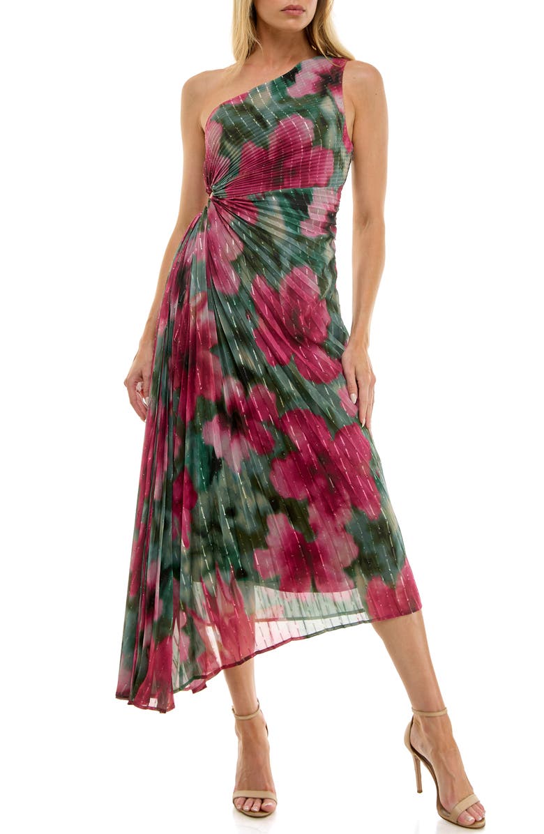 Socialite Floral Metallic Stripe One-Shoulder Pleated Dress, Main, color, Olive/ Magenta