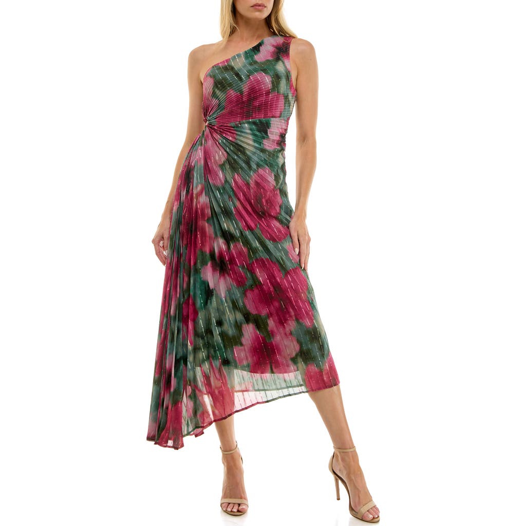 Socialite Floral Metallic Stripe One-Shoulder Pleated Dress in Olive/Magenta  product