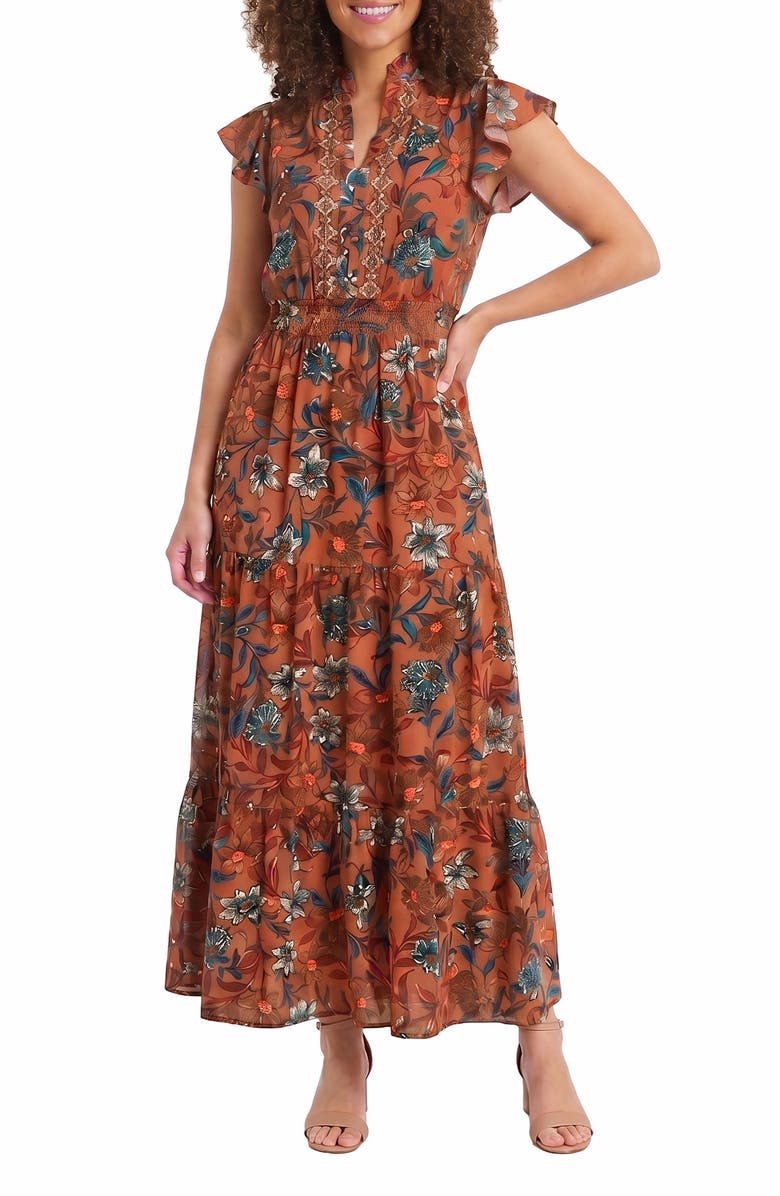 London Times Ruffle Flutter Sleeve Dress, Main, color, Tandoori Spice/ Melon