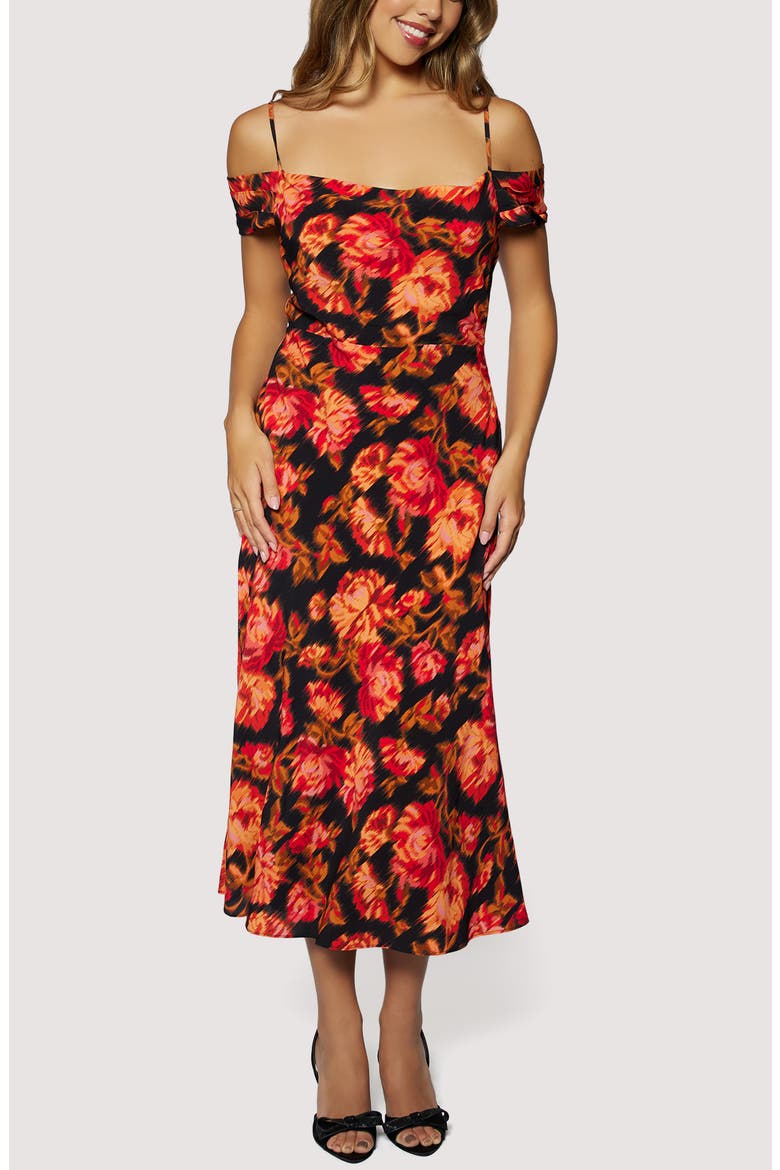 Evenign Bloom Cold Shoulder Midi Dress, Main, color, BLACK RED FLORAL