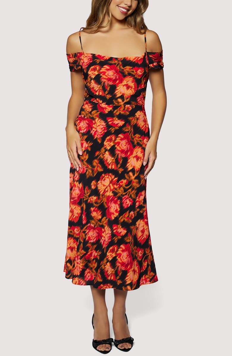 Lost + Wander Evenign Bloom Cold Shoulder Midi Dress, Main, color, Black Red Floral
