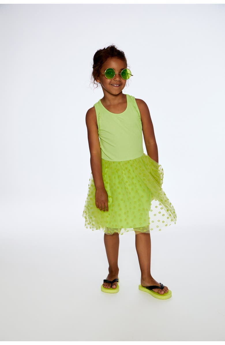 Deux par Deux Girl's Shiny Ribbed Dress With Mesh Flocking Flowers Lime, Alternate, color,