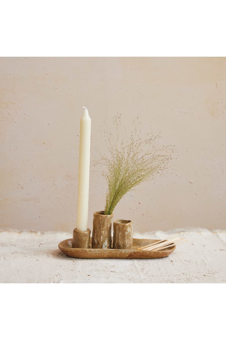 Stoneware Vases and Candle Holder on Tray, Brown, Alternate, color, Brown