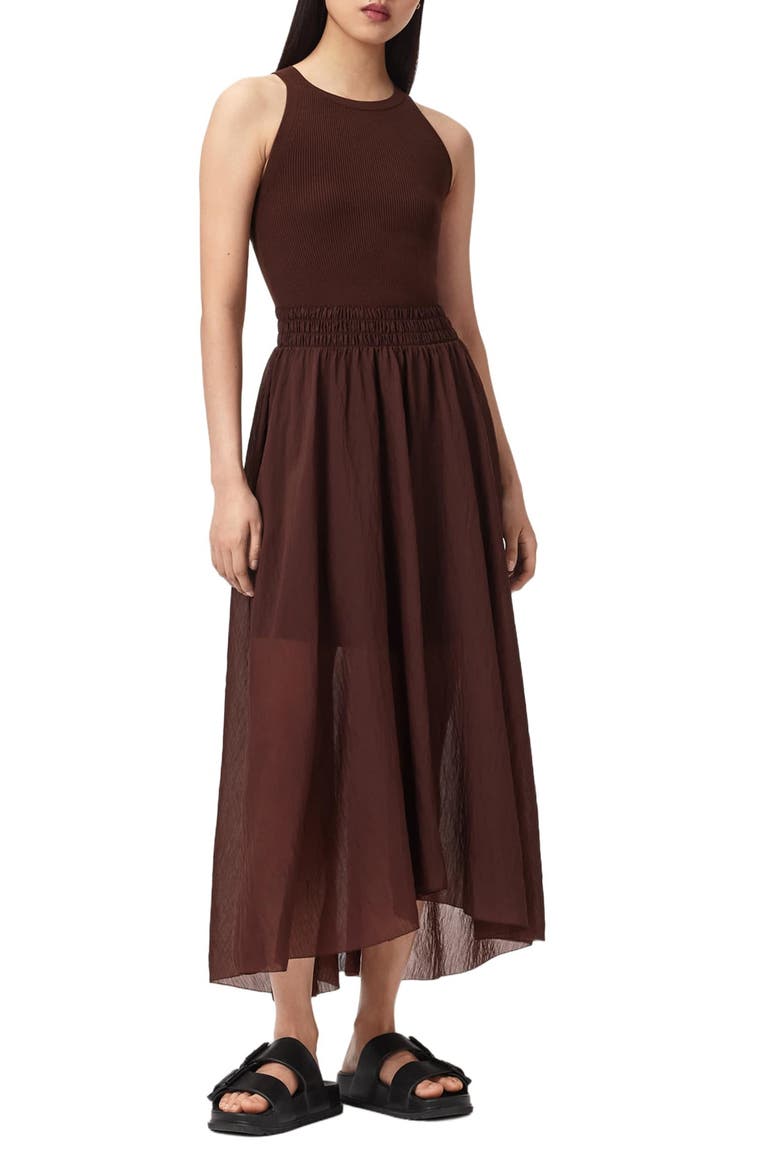Zenia Sleeveless Asymmetric Hem Dress, Main, color, BITTER BROWN