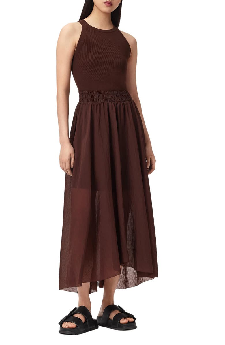 AllSaints Zenia Sleeveless Asymmetric Hem Dress, Main, color, Bitter Brown
