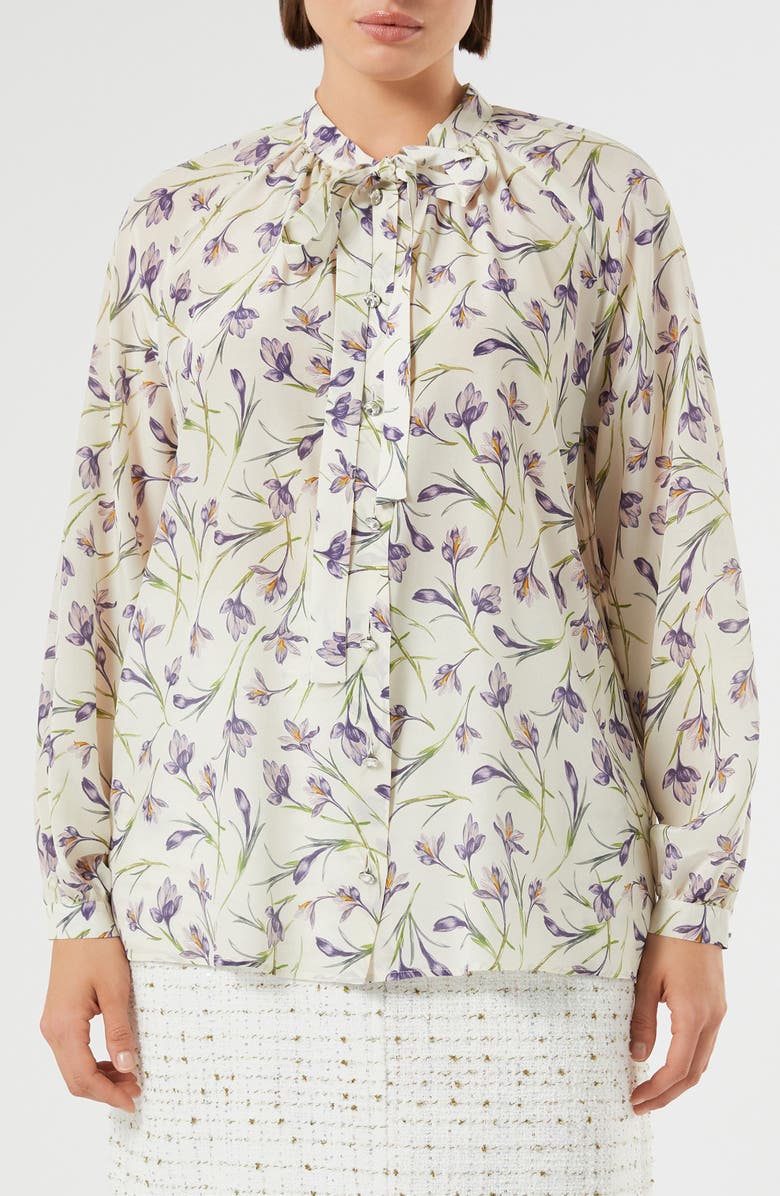 Marina Rinaldi Tie Neck Silk Crêpe de Chine Button-Up Shirt, Main, color, Ivory