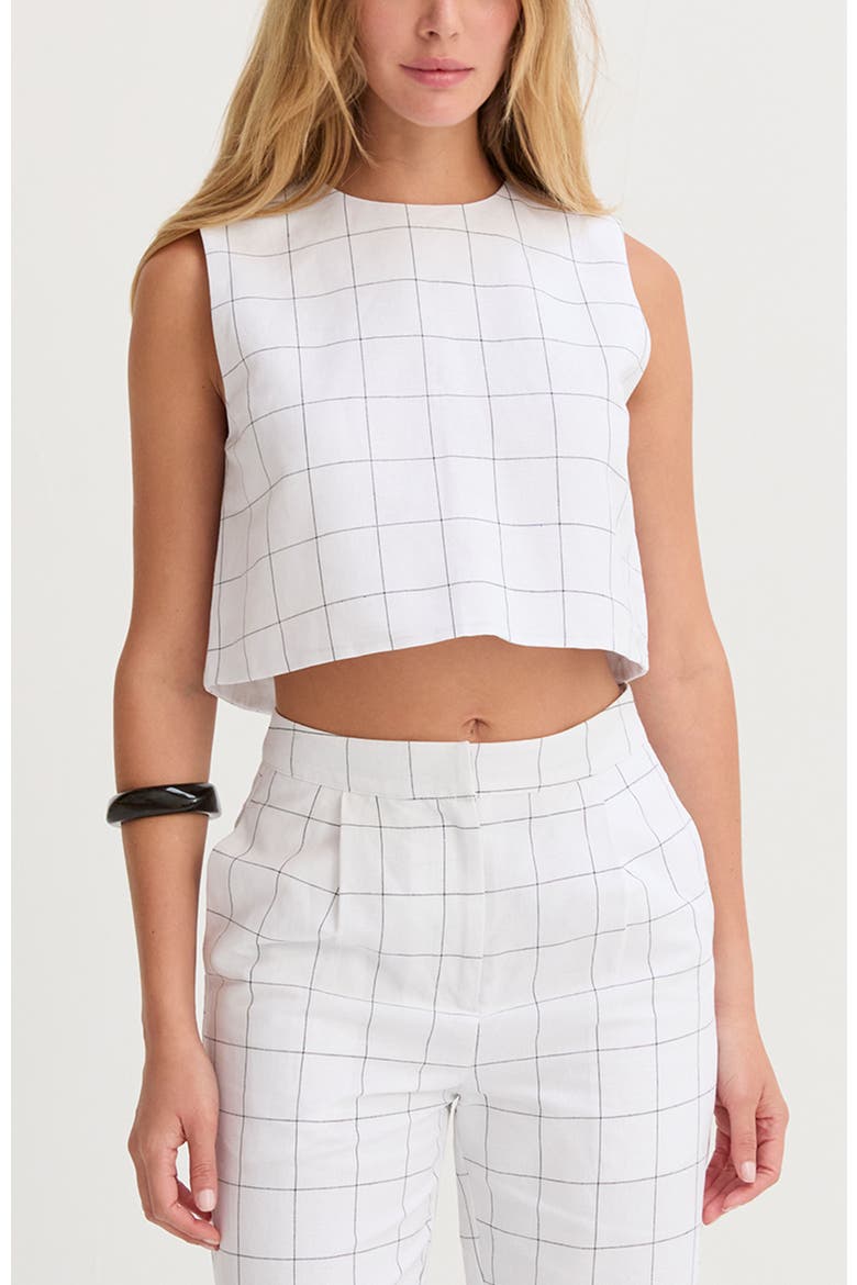 Windowpane Semi Cropped Linen Top, Main, color, White