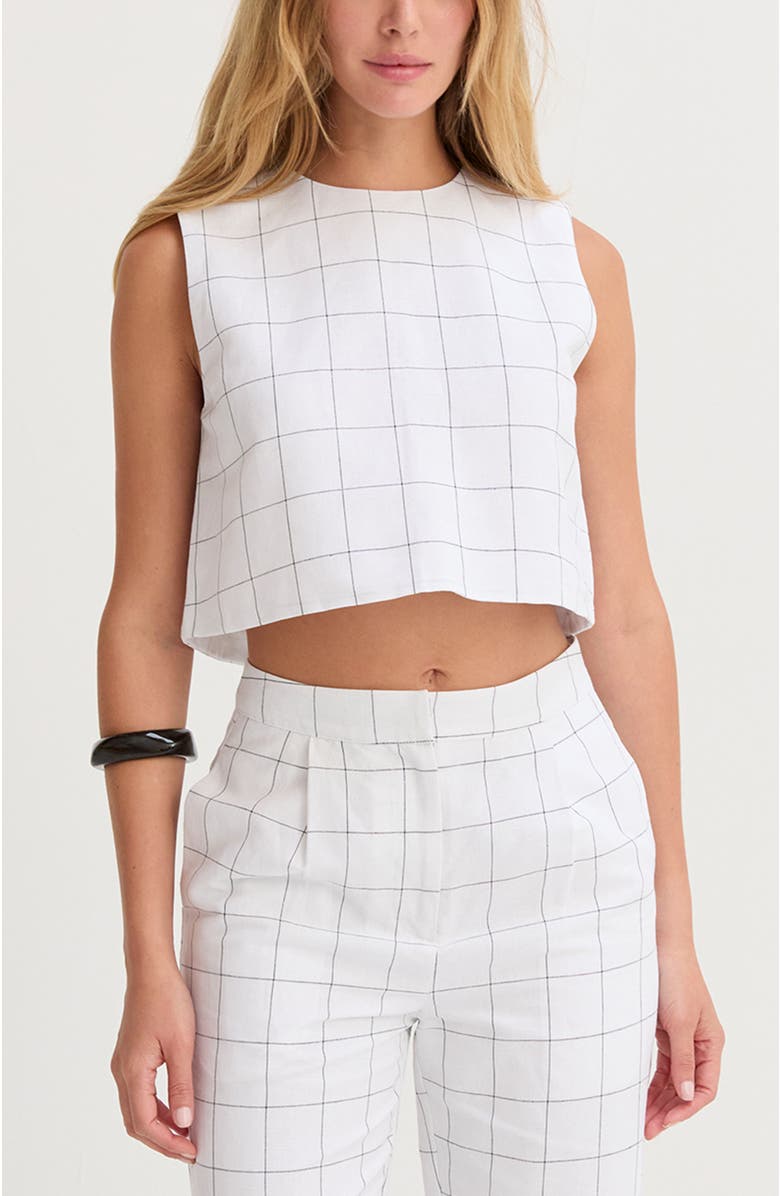 CRESCENT Windowpane Semi Cropped Linen Top, Main, color, White