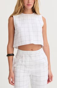 CRESCENT Windowpane Semi Cropped Linen Top