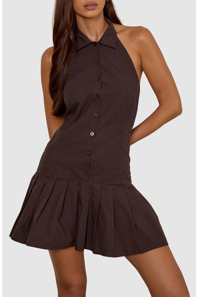 Mikena Pleated Halter Minidress, Alternate, color, DEEP MAHOGANY
