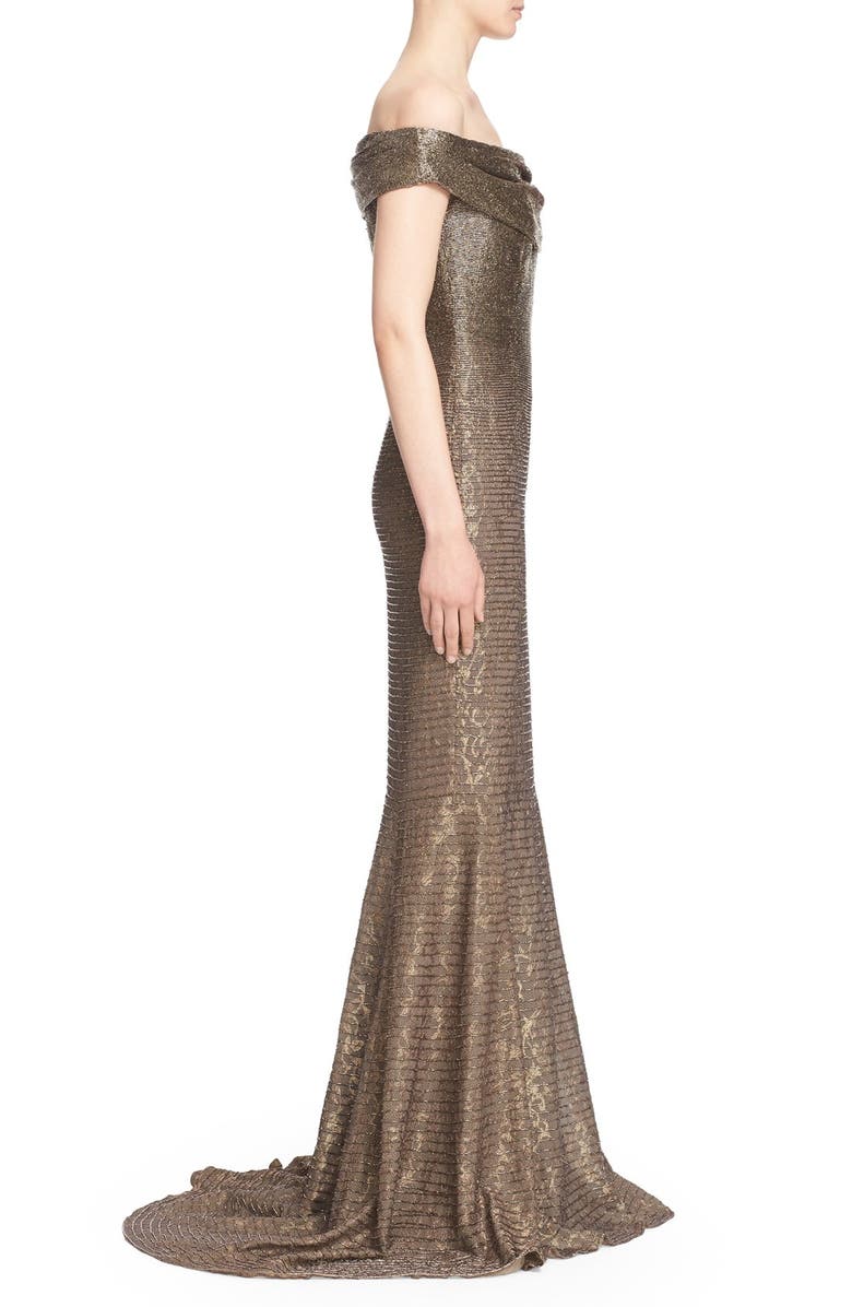 Carmen Marc Valvo Couture Beaded Off the Shoulder Lace Mermaid Gown, Alternate, color,