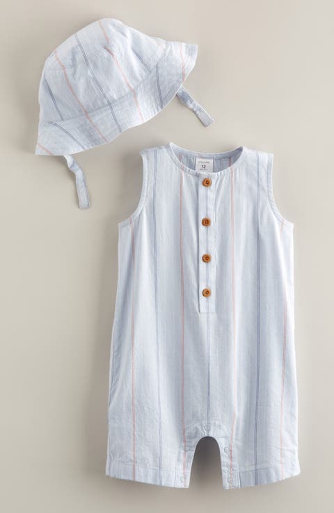 Print Henley Romper & Hat Set (Baby)