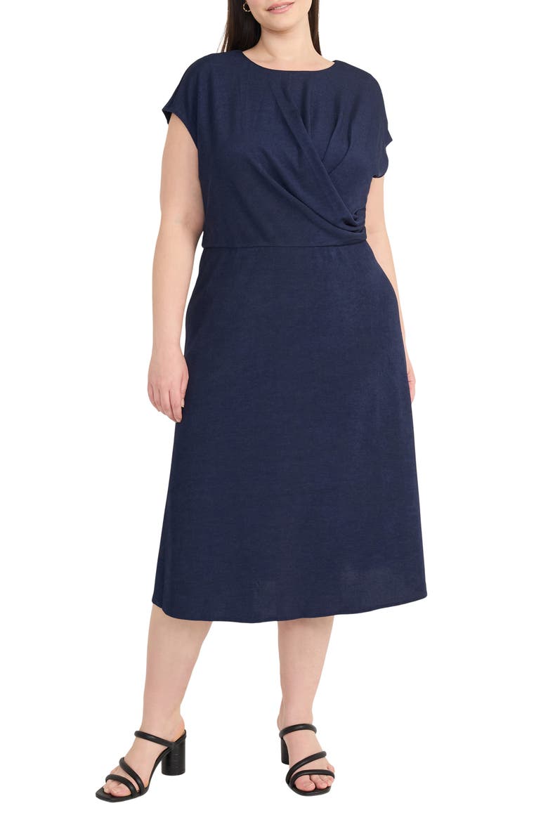 Draped Bodice Cap Sleeve A-Line Midi Dress, Main, color, NAVY BLAZER