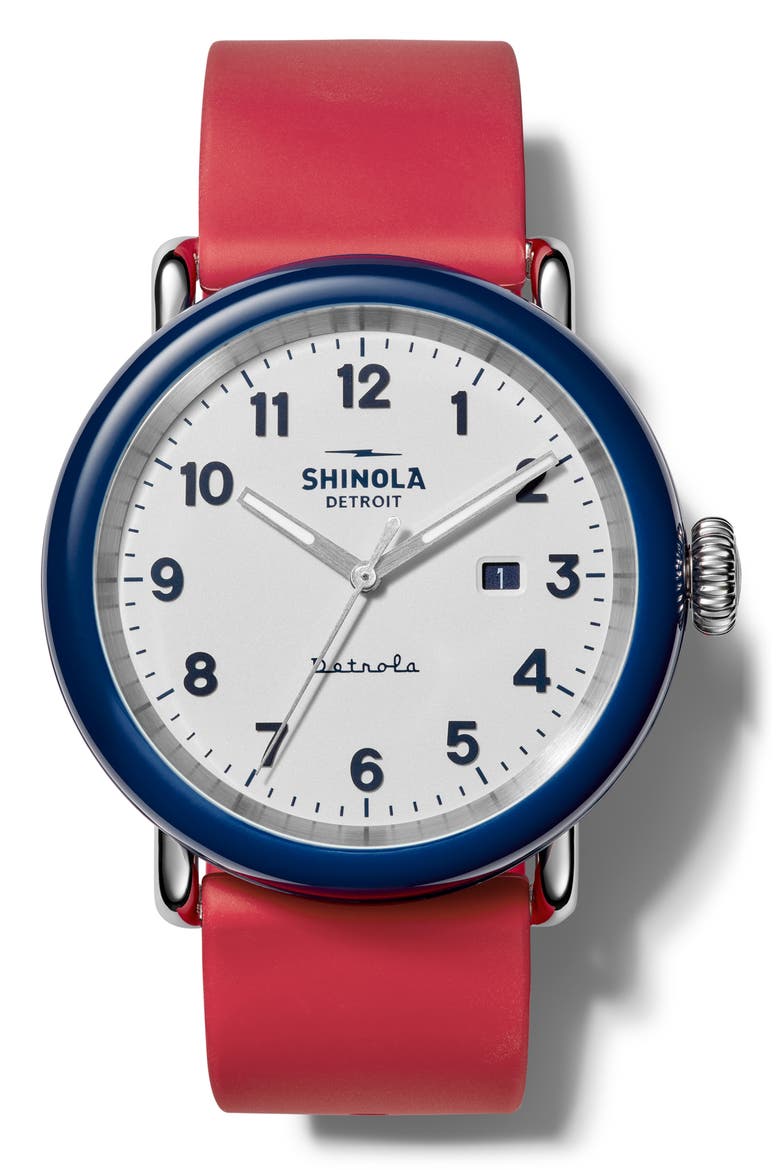 Detrola The Ace Silicone Strap Watch, 43mm, Main, color, RED/ WHITE/ MIDNIGHT BLUE