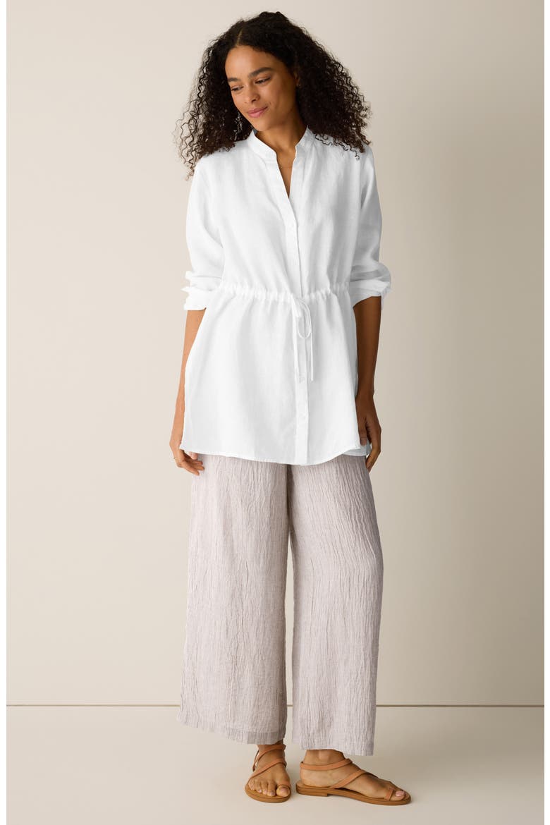 Split Neck Organic Linen Long Drawstring Shirt, Alternate, color, WHITE