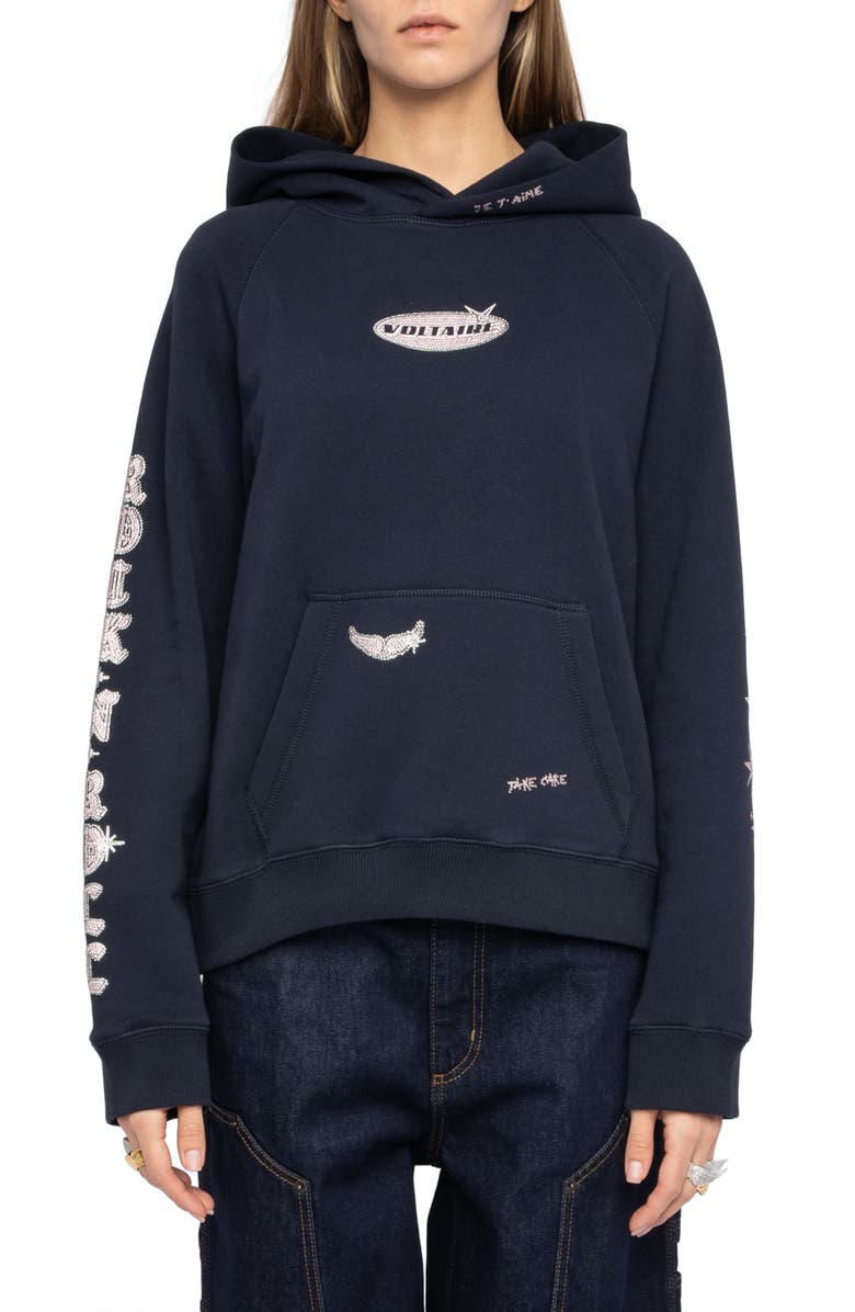 Zadig & Voltaire Georgy Multi Heart Strass Crystal Embellished Cotton Graphic Hoodie, Main, color, Encre