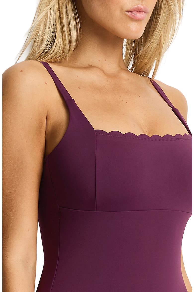 Scalloped Square Neck One-Piece Swimsuit, Alternate, color, CLARET