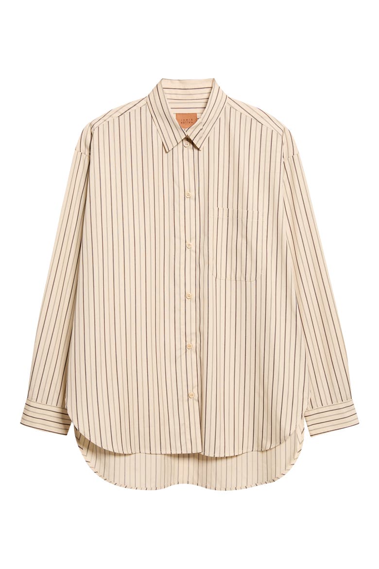 The Essential Stripe Cotton & Silk Button-Up Shirt, Main, color, CREAM BLACK STRIPE