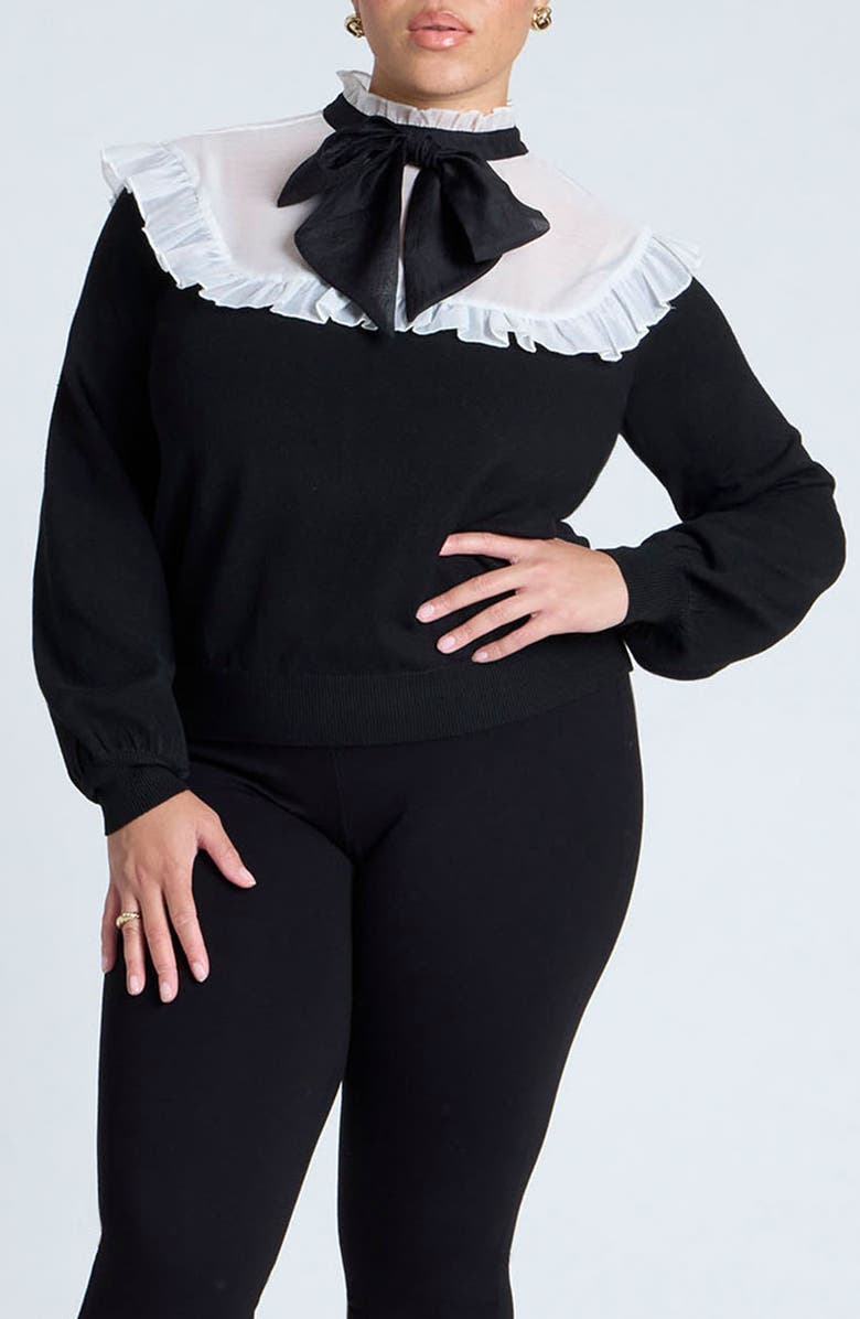 ELOQUII Sheer Yoke Tie Neck Sweater, Main, color, 