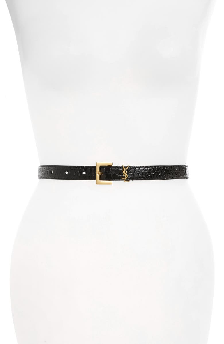 Saint Laurent Monogram Skinny Patent Leather Belt, Main, color,