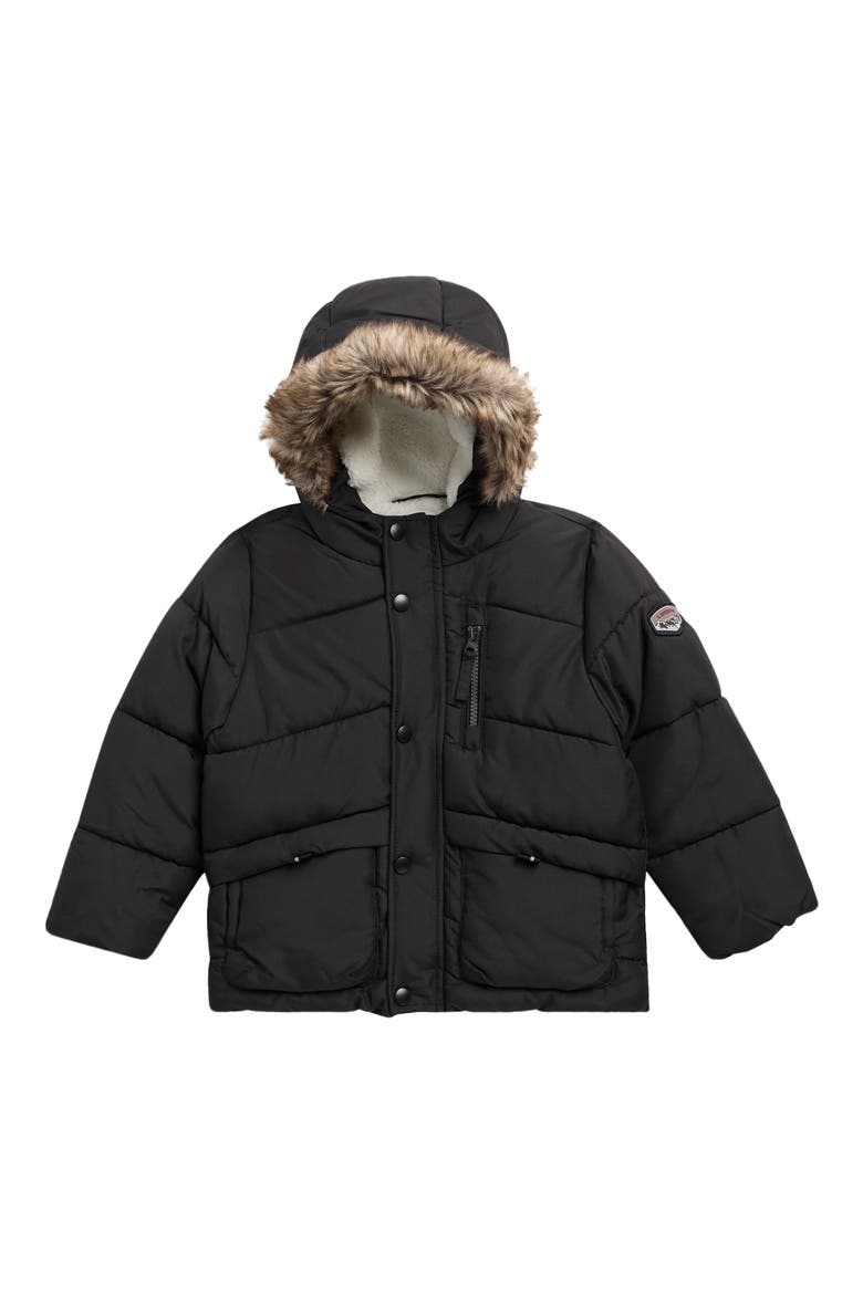 Kids' Grosgrain Faux Fur Trim Parka, Main, color, BLACK