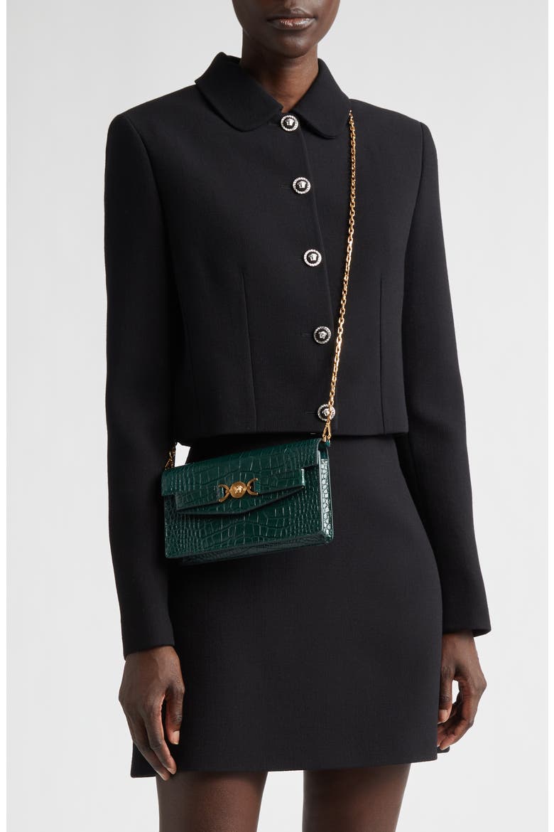 Medusa Croc Embossed Leather Wallet on a Chain, Alternate, color, DARK EMERALD GOLD