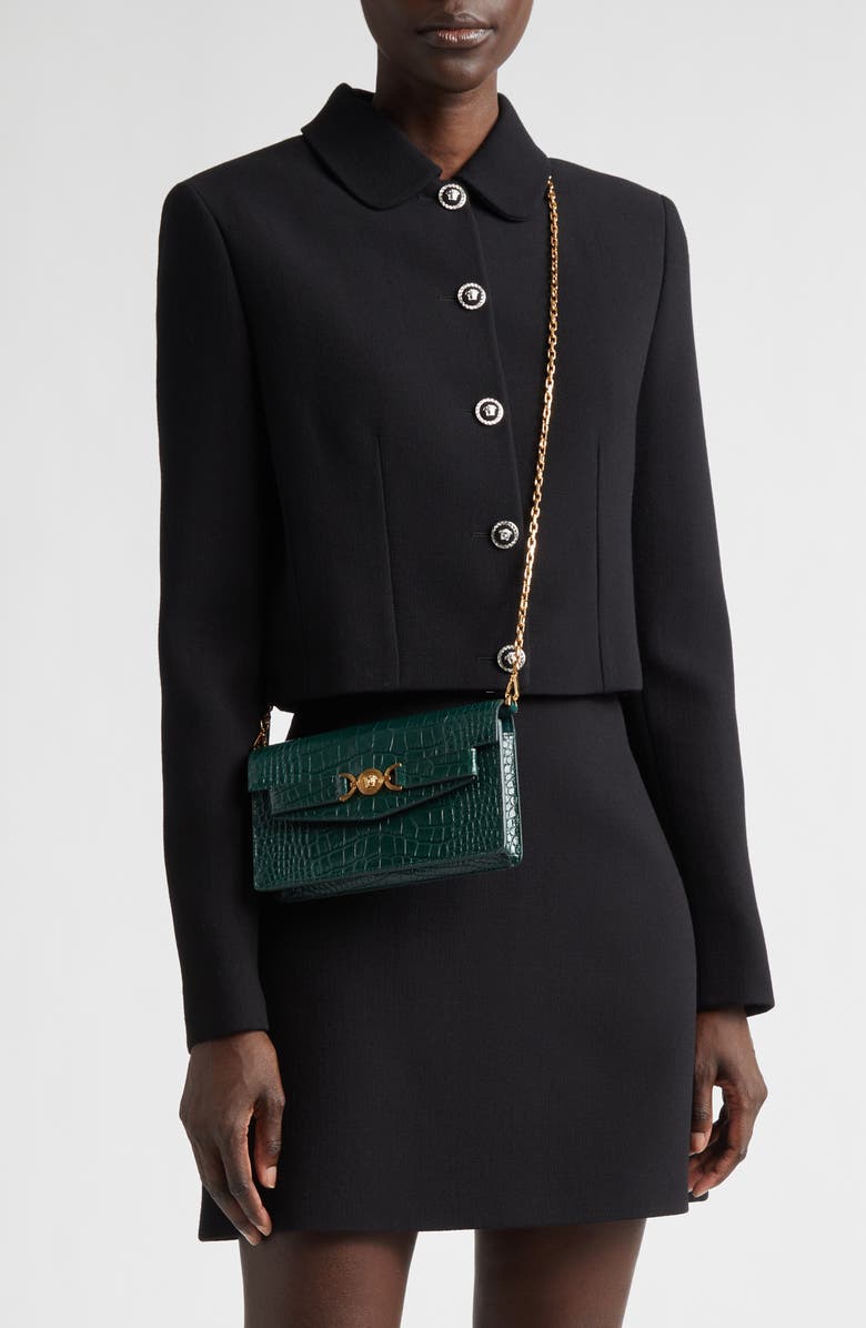 Versace Medusa Croc Embossed Leather Wallet on a Chain, Alternate, color, Dark Emerald Gold
