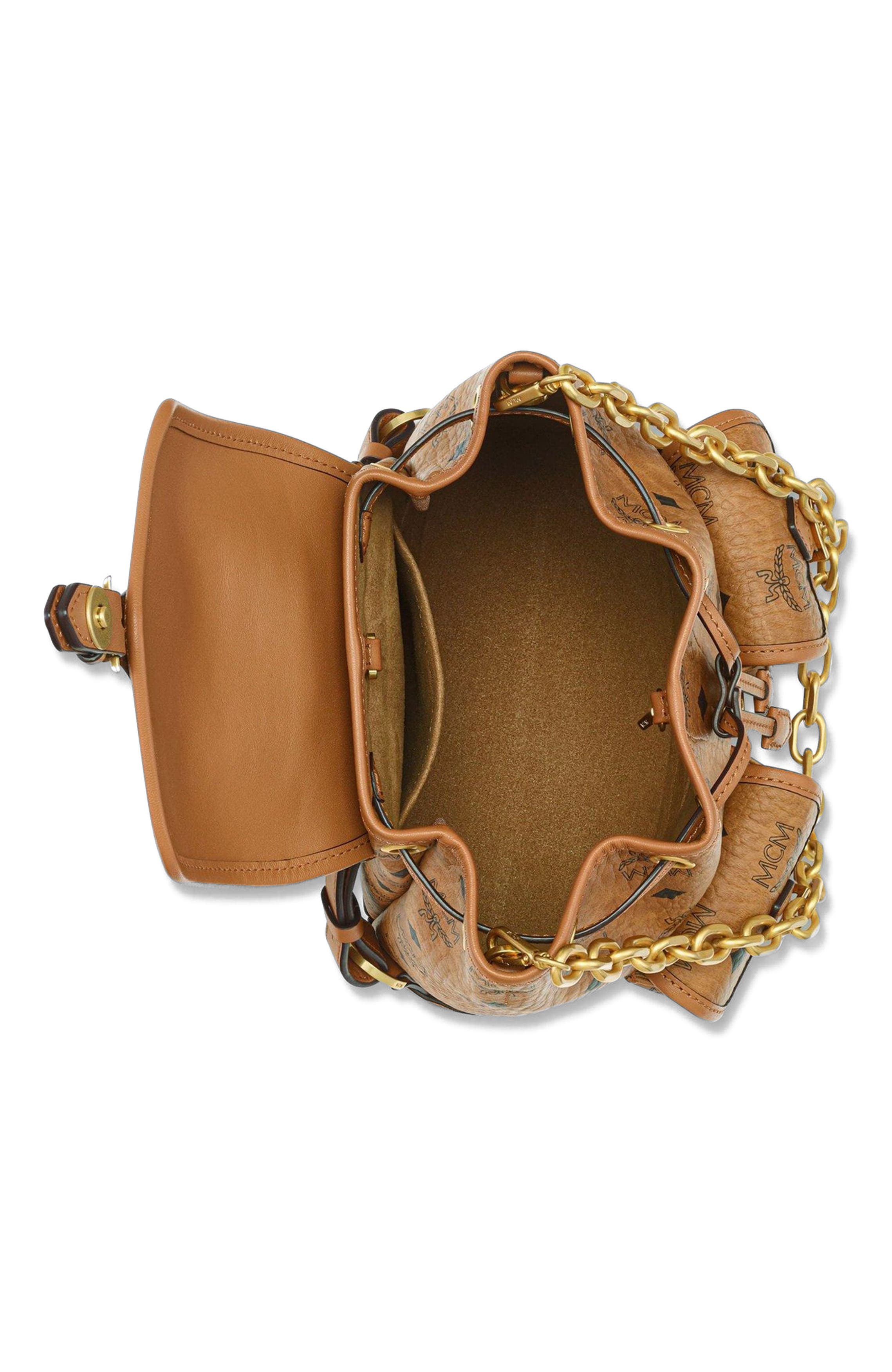 MCM Mini Aren Drawstring Backpack in Visetos, Alternate, color, Brown