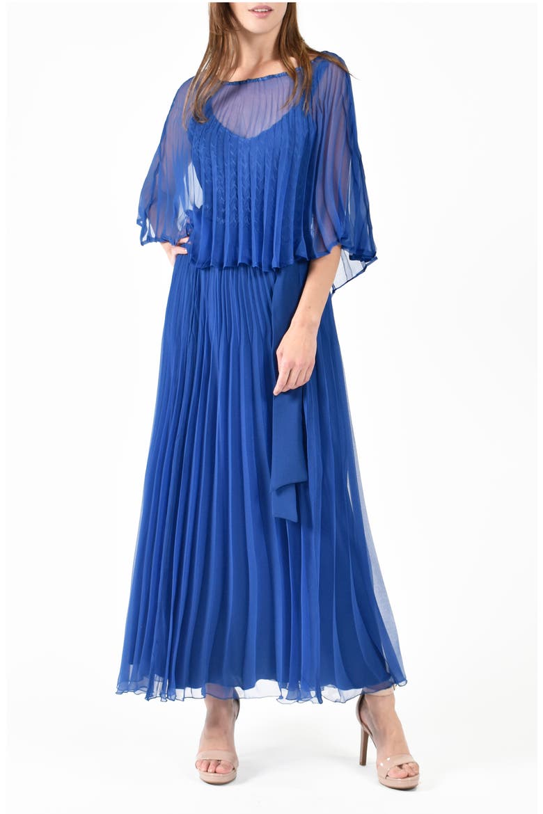 Sunburst Pleated Chiffon Blouson Midi Dress, Main, color, NAVY