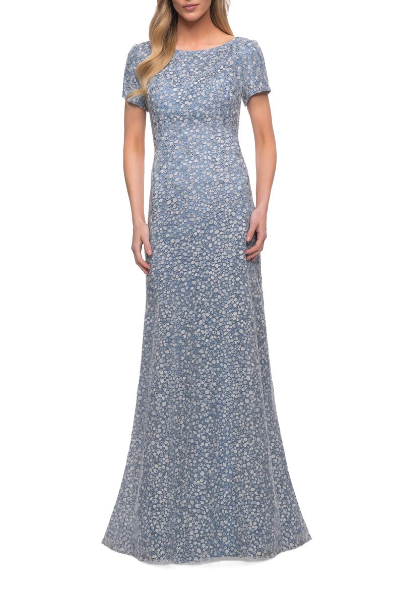 Long Print Lace Dress with Short Sleeves, Main, color, Steel Blue