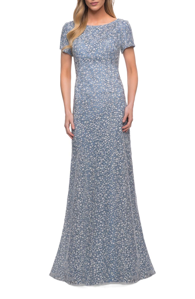 La Femme Long Print Lace Dress with Short Sleeves, Main, color, Steel Blue
