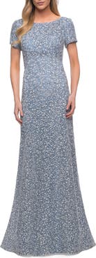 La Femme Long Print Lace Dress with Short Sleeves