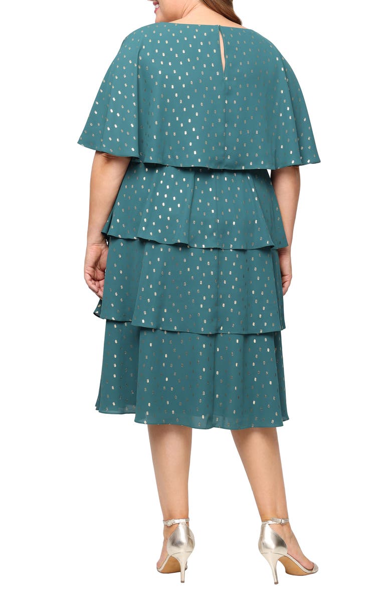 SL FASHIONS Metallic Foil Dot Tiered Chiffon Cocktail Midi Dress, Alternate, color, Pine