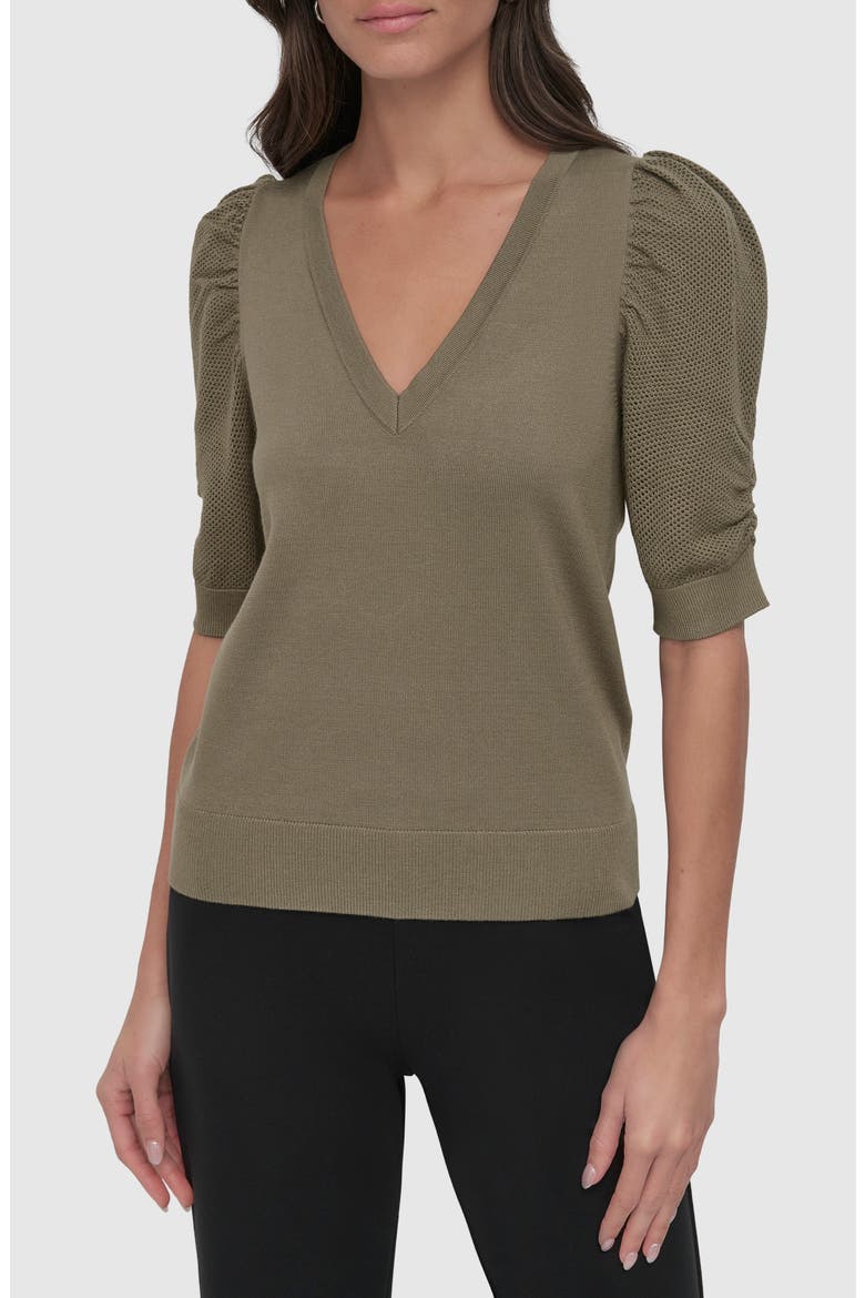 Puff Sleeve V-Neck Sweater, Main, color, UTILITY GREEN