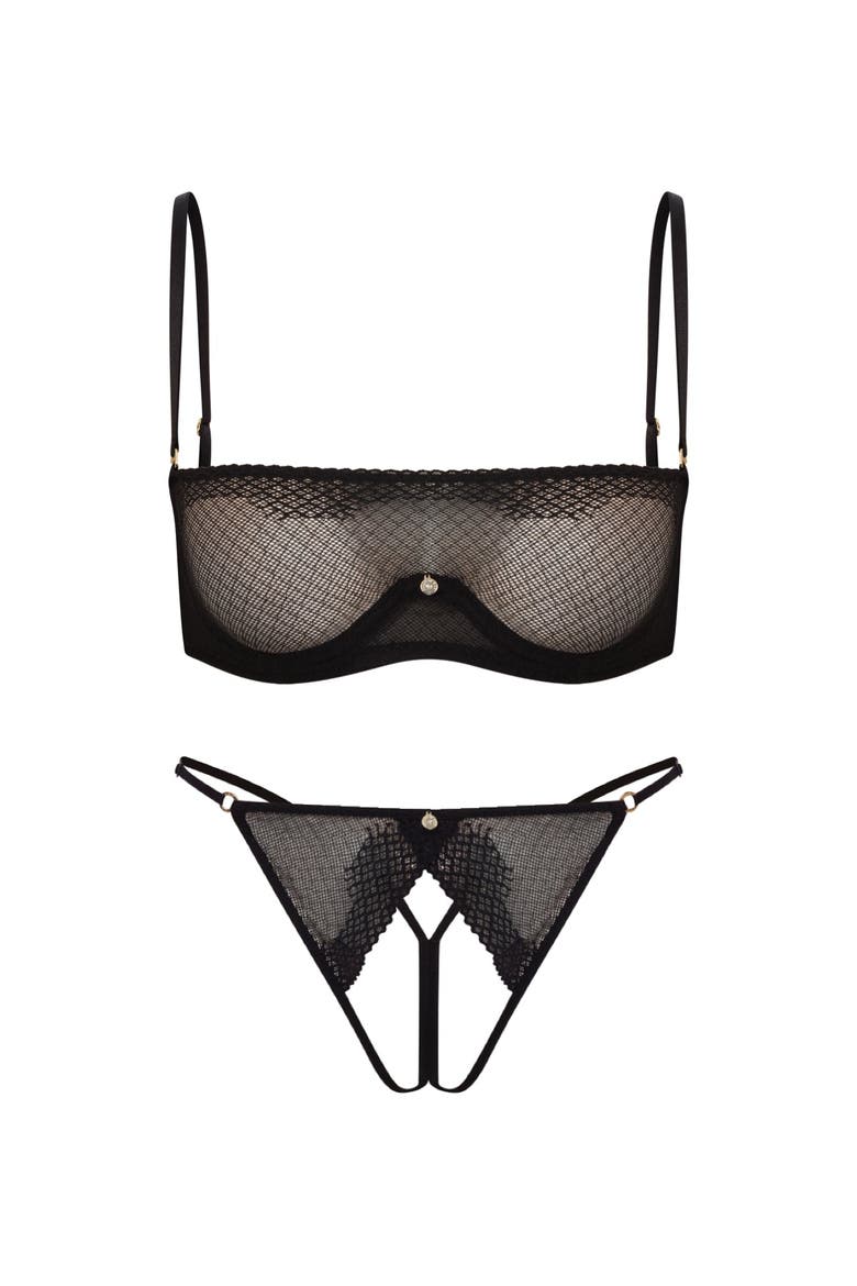 Lumiere Mesh Bra and Open-Back Thong Set, Main, color, Black