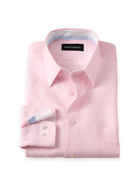 Linen Point Collar Poplin Slim Contrast Trim Button Cuff Long Sleeve Shirt