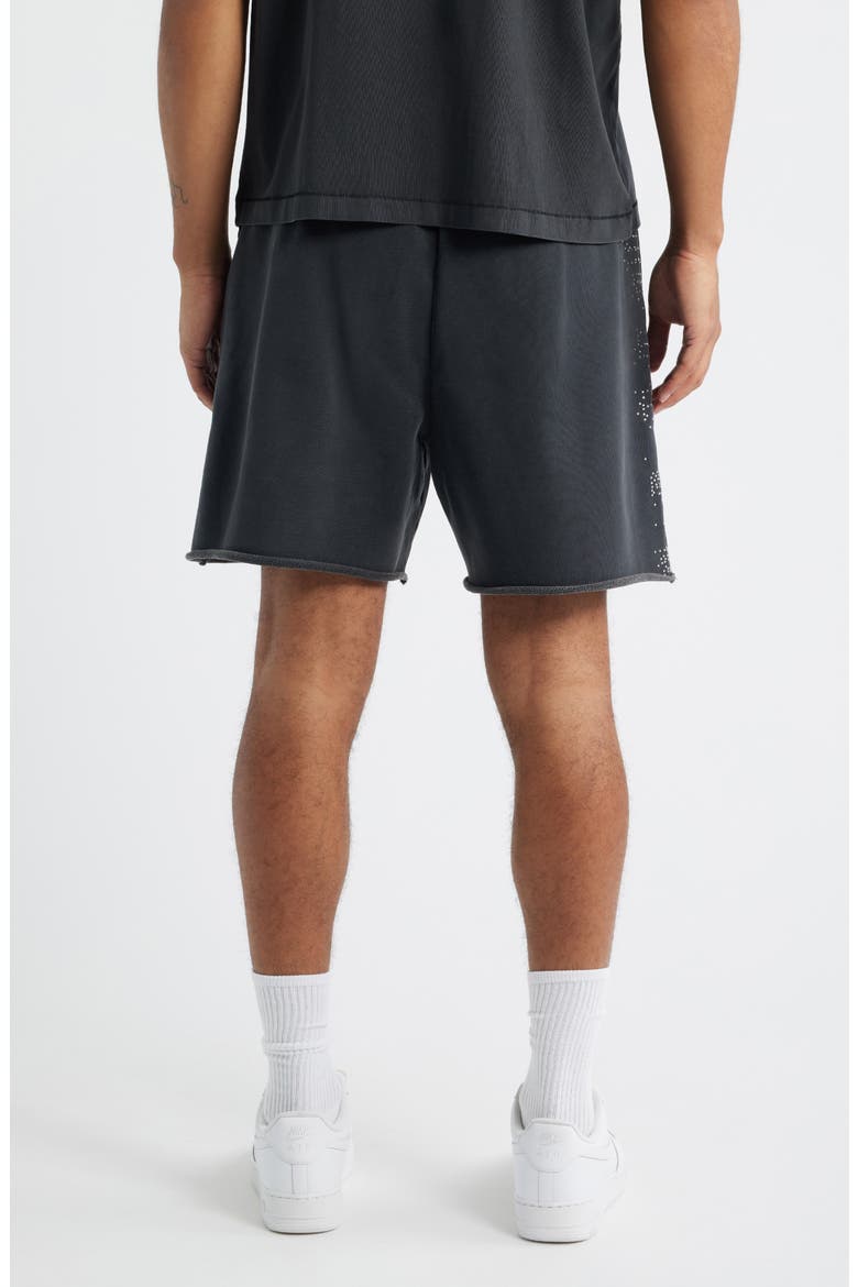 Embellished Logo Raw Hem Fleece Drawstring Shorts, Alternate, color, BLACK