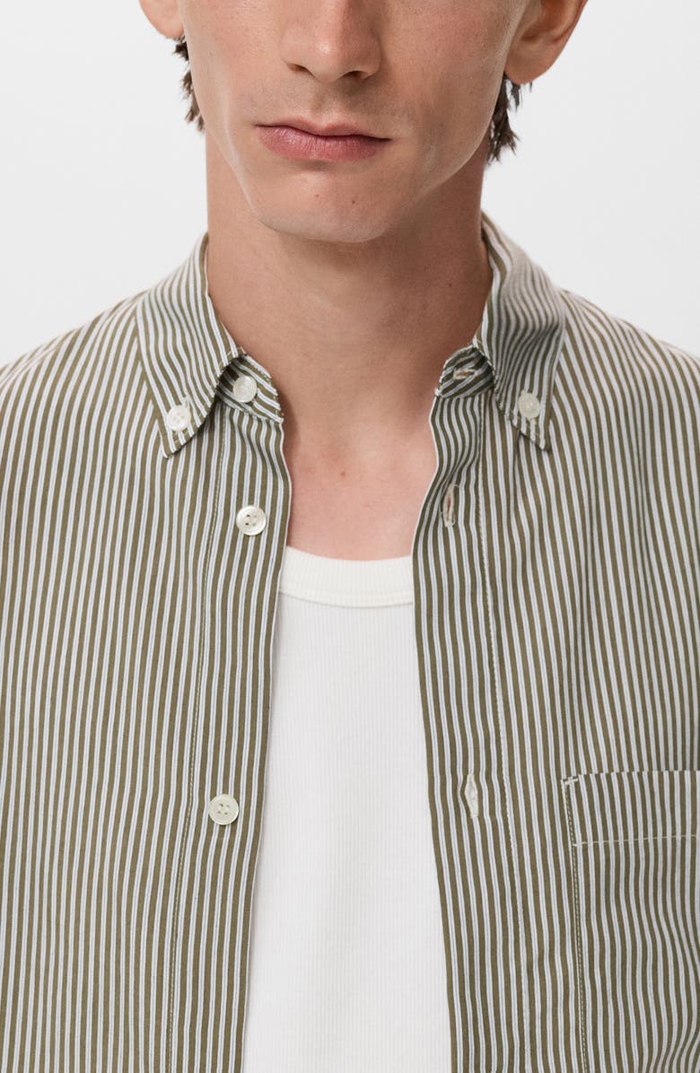 MANGO Regular Fit Stripe Button-Down Shirt, Alternate, color, Olive Green