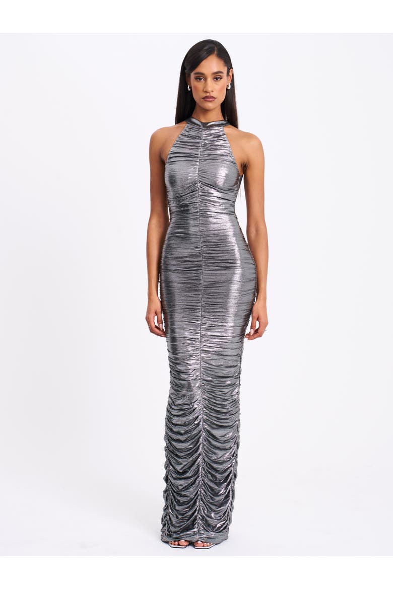 Abril Ruched Glitter Backless Gown, Alternate, color, Silver